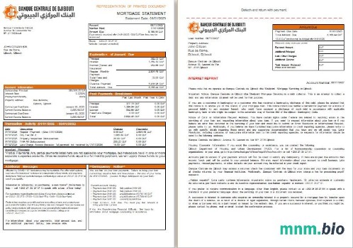 Dżibuti Bank Centralny Dżibuti wyciąg z kredytu hipotecznego, 3 strony, 1-2